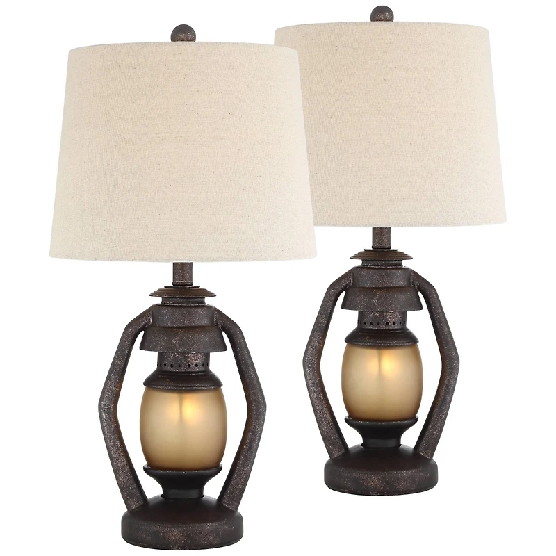 Franklin Iron Works Horace Rustic Table Lamps 25 1/4" High Set of 2 Brown with Nightlight Miner Lantern Oatmeal Drum Shade for Bedroom Living Roo