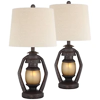 Franklin Iron Works Horace Rustic Table Lamps 25 1/4" High Set of 2 Brown with Nightlight Miner Lantern Oatmeal Drum Shade for Bedroom Living Roo