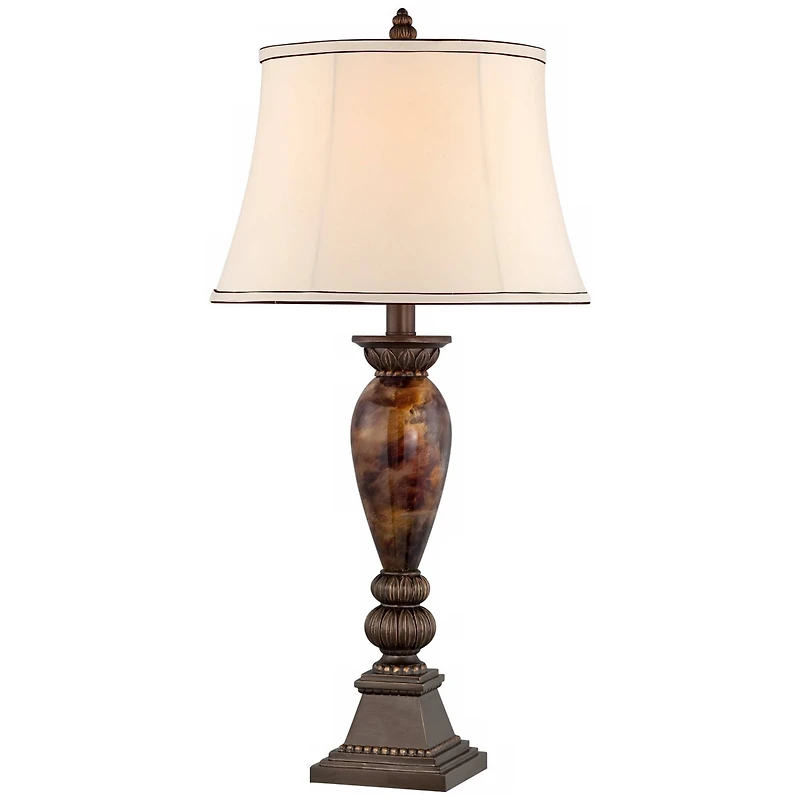 Mulholland Traditional Vintage like Table Lamp 33" Tall Aged Bronze Golden Faux Marble Off White Bell Shade for Living Room Bedroom House Bedside