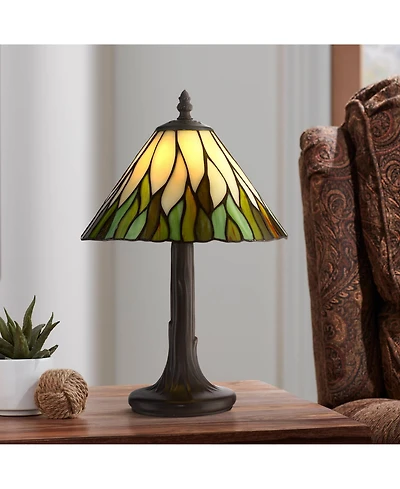 Robert Louis Tiffany Foglia Cottage Accent Table Lamp 14 1/2" High Brown Tree Stained Glass Shade for Bedroom Bedside Nightstand Office Kids Hous