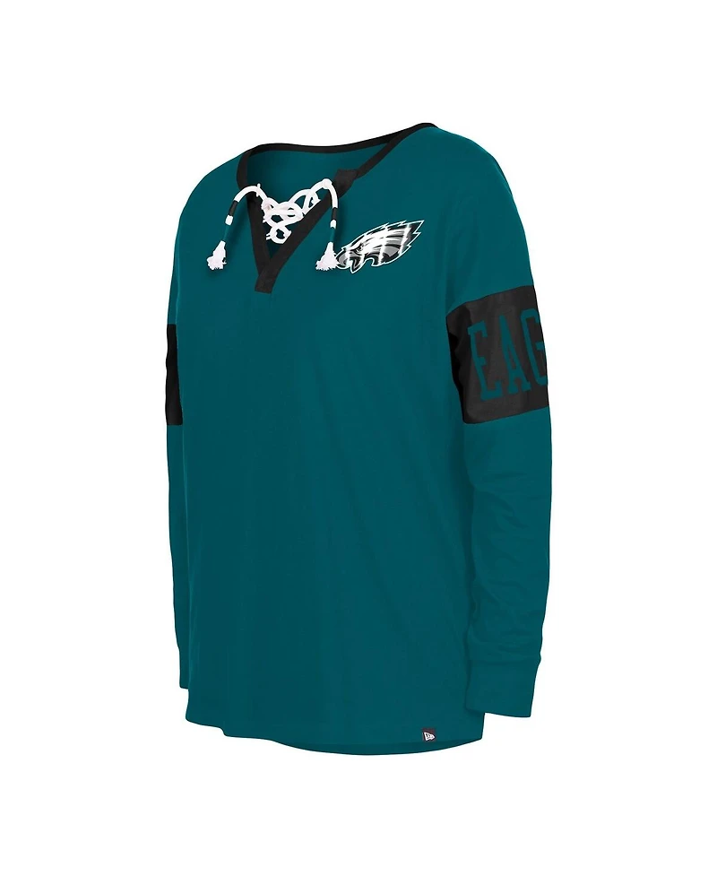 Women's New Era Midnight Green Philadelphia Eagles Lace-Up Notch Neck Long Sleeve T-shirt