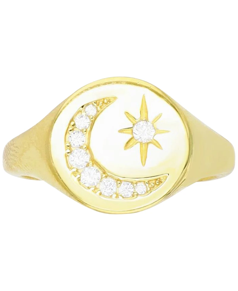 Cubic Zirconia Crescent Moon & Star Signet Ring in 14k Gold-Plated Sterling Silver