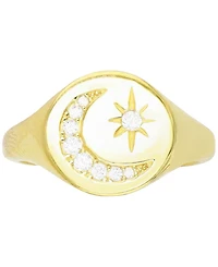 Cubic Zirconia Crescent Moon & Star Signet Ring in 14k Gold-Plated Sterling Silver