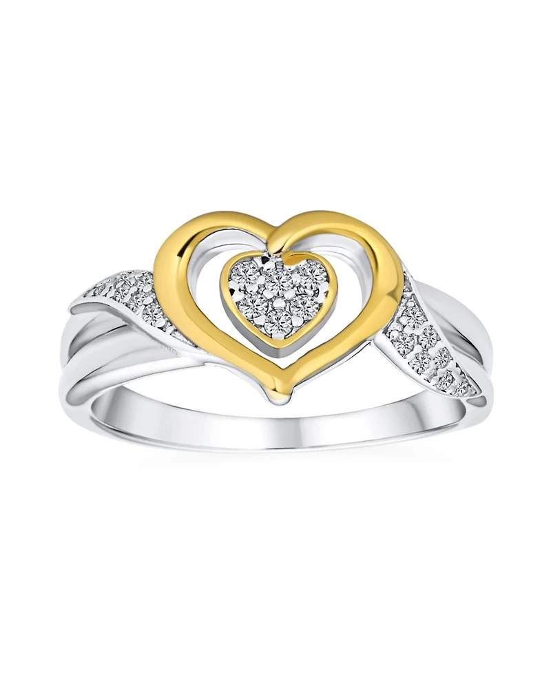 Bling Jewelry Two Tone Micro Pave Cz Double Heart Ring Gold Plated Sterling Silver
