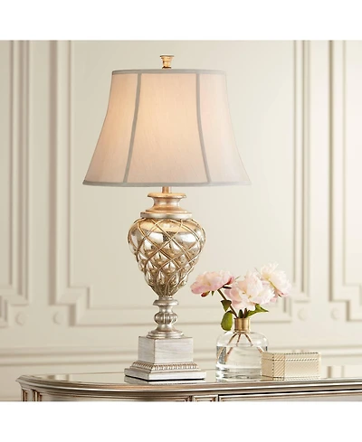 Barnes and Ivy Luke Traditional Table Lamp 33 3/4" Tall Mercury Glass with Nightlight Led Off White Mist Fabric Bell Shade for Bedroom Living Roo