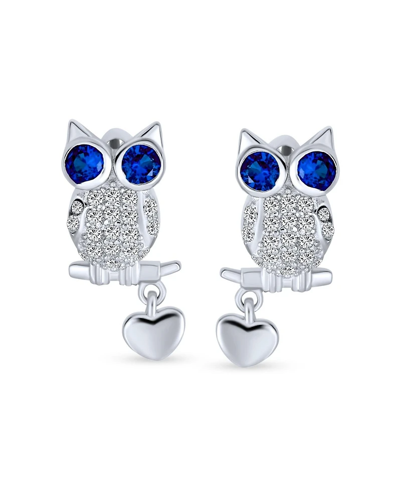 Bling Jewelry Wise Graduate Lucky Sitting Branch Owl Stud Earrings Big Blue Eye Cubic Zirconia Cz Heart Charm Sterling Silver