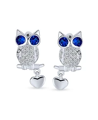 Bling Jewelry Wise Graduate Lucky Sitting Branch Owl Stud Earrings Big Blue Eye Cubic Zirconia Cz Heart Charm Sterling Silver