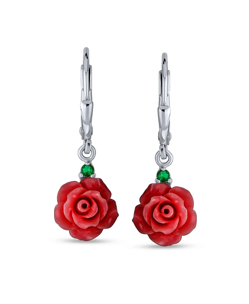 Bling Jewelry Delicate Floral Blooming 3D Red Rose Flower Green Cz Accent Lever back Dangle Earrings Sterling Silver