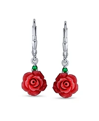 Bling Jewelry Delicate Floral Blooming 3D Red Rose Flower Green Cz Accent Lever back Dangle Earrings Sterling Silver