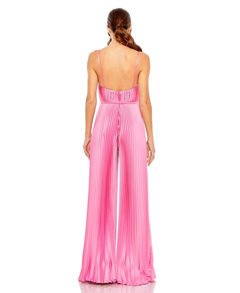 Mac Duggal Women's Pleated Plunge Neck Wide Leg Jumpsuit
