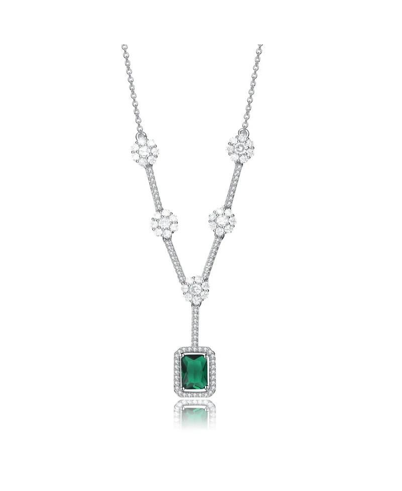 Sterling Silver White Gold Plated with Green Cubic Zirconia Square Necklace