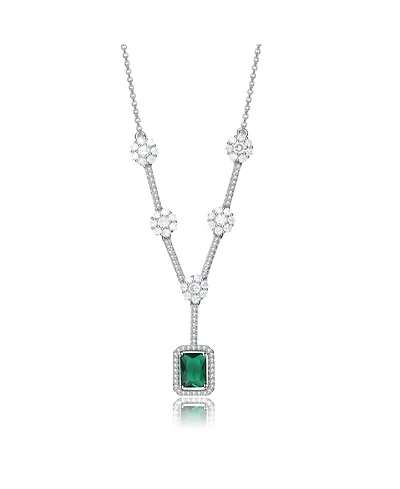 Sterling Silver White Gold Plated with Green Cubic Zirconia Square Necklace