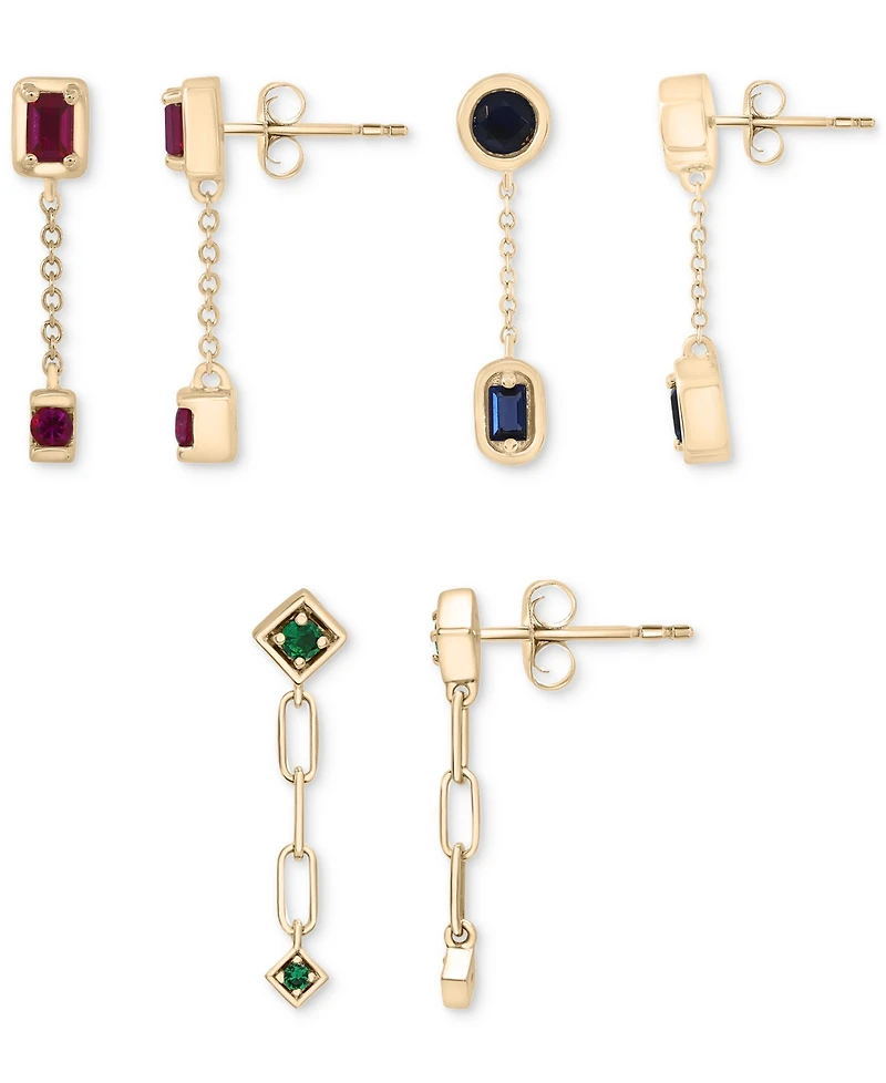 3-Pc. Set Lab-Grown Multi-Gemstone Linear Chain Drop Earrings (1-1/5 ct. t.w.) in 14k Gold-Plated Sterling Silver