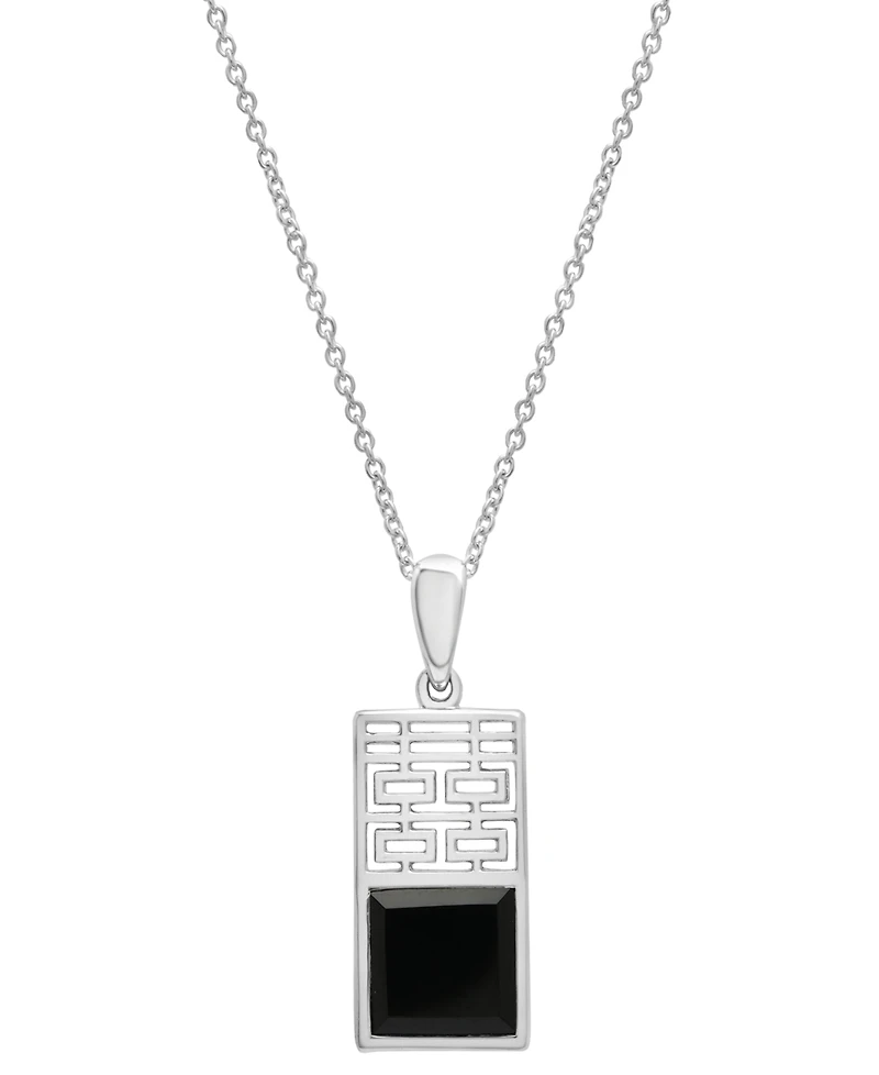 Onyx Happiness Dog Tag 18" Pendant Necklace in Sterling Silver
