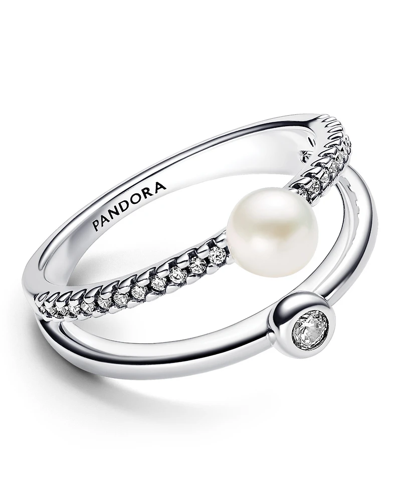 Pandora Sterling Silver Timeless Treated Freshwater Cultured Pearl Pave Double Band Ring