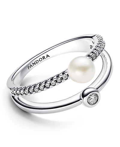 Pandora Sterling Silver Timeless Treated Freshwater Cultured Pearl Pave Double Band Ring