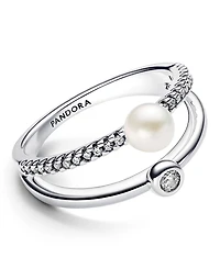 Pandora Sterling Silver Timeless Treated Freshwater Cultured Pearl Pave Double Band Ring