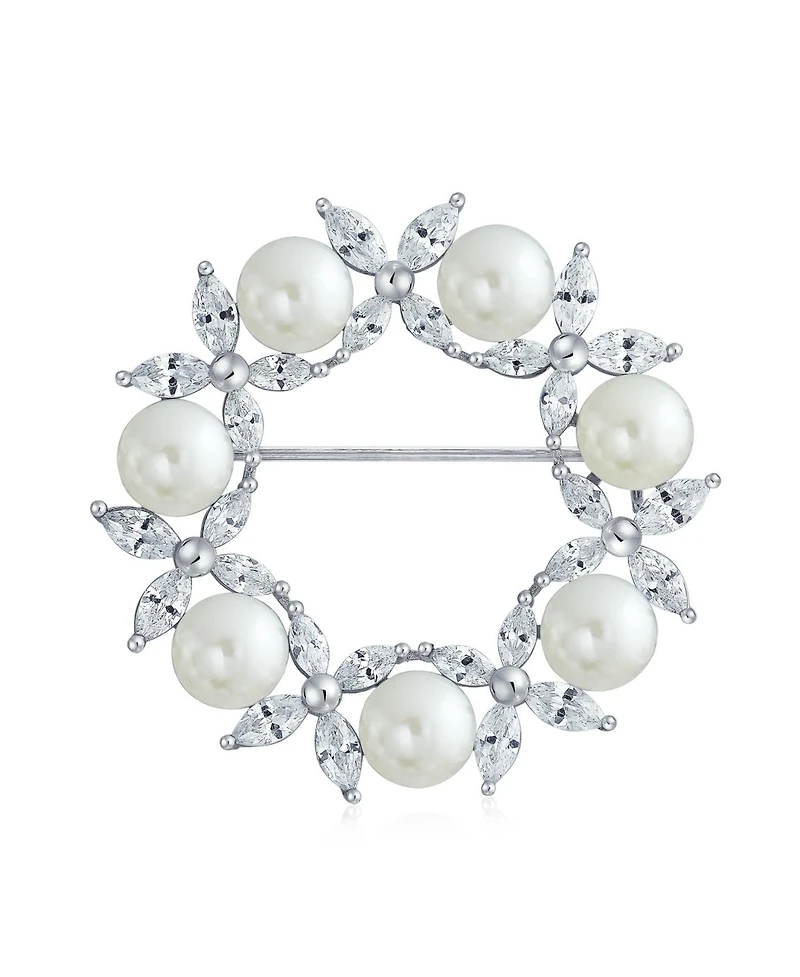 Bling Jewelry Elegant Holiday Marquise Cz Cubic Zirconia Round 8MM White Simulated Pearl Wreath Circle Scarf Brooch Pin