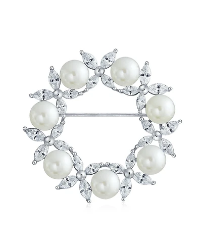 Bling Jewelry Elegant Holiday Marquise Cz Cubic Zirconia Round 8MM White Simulated Pearl Wreath Circle Scarf Brooch Pin
