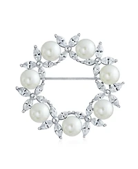 Bling Jewelry Elegant Holiday Marquise Cz Cubic Zirconia Round 8MM White Simulated Pearl Wreath Circle Scarf Brooch Pin