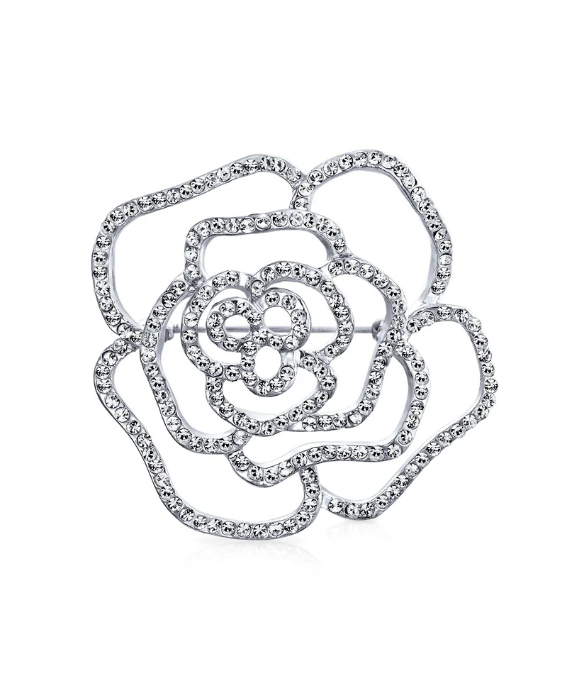 Bling Jewelry Large Fashion Statement Rose Flower Brooch Pin with Sparkling Crystals Silver Tone