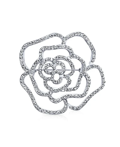 Bling Jewelry Large Fashion Statement Rose Flower Brooch Pin with Sparkling Crystals Silver Tone