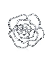 Bling Jewelry Large Fashion Statement Rose Flower Brooch Pin with Sparkling Crystals Silver Tone