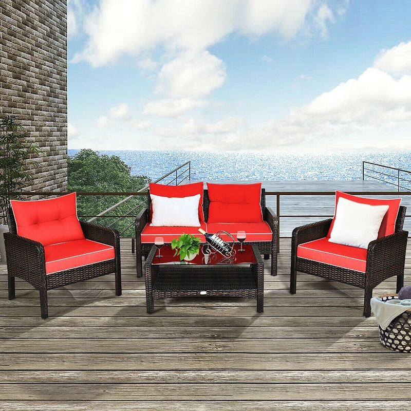 Vebreda 4 Pieces Outdoor Rattan Wicker Loveseat Furniture Set with Cushions