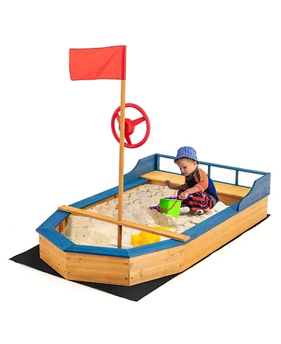 Kids' Pirate Boat Sandbox with Flag and Rudder