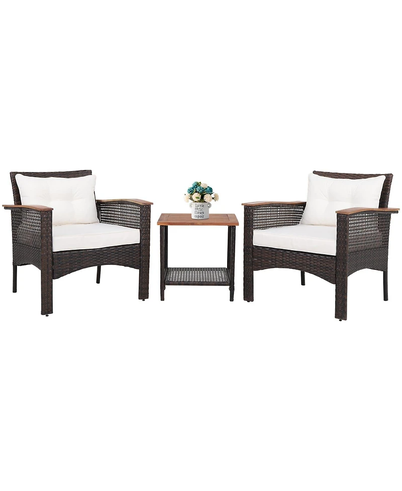 Vebreda 3 Pieces Patio Rattan Furniture Set with Acacia Wood Tabletop