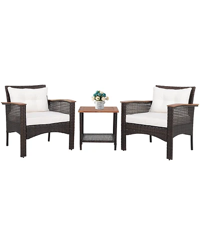 Vebreda 3 Pieces Patio Rattan Furniture Set with Acacia Wood Tabletop