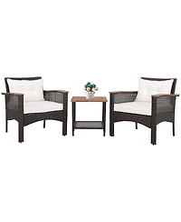 Vebreda 3 Pieces Patio Rattan Furniture Set with Acacia Wood Tabletop