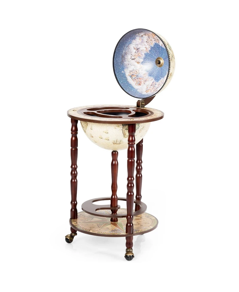 Sugift 17 Inch Italian Style Design Wooden Globe Liquor Bottle Wine Rack with Wheels