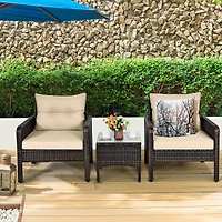Sugift 3 Pieces Outdoor Patio Rattan Conversation Set with Seat Cushions