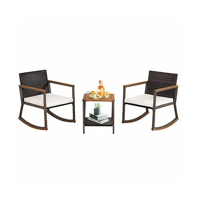 Sugift 3 Pieces Rattan Rocking Bistro Set with Coffee Table and Cushions