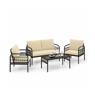 4 Pieces Outdoor Wicker Conversation Bistro Set with Soft Cushions and Tempered Glass Coffee Table