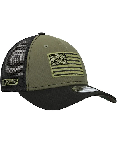 Men's New Era Olive, Black Nascar Merchandise Military-Inspired Appreciation 9FORTY Adjustable Trucker Hat