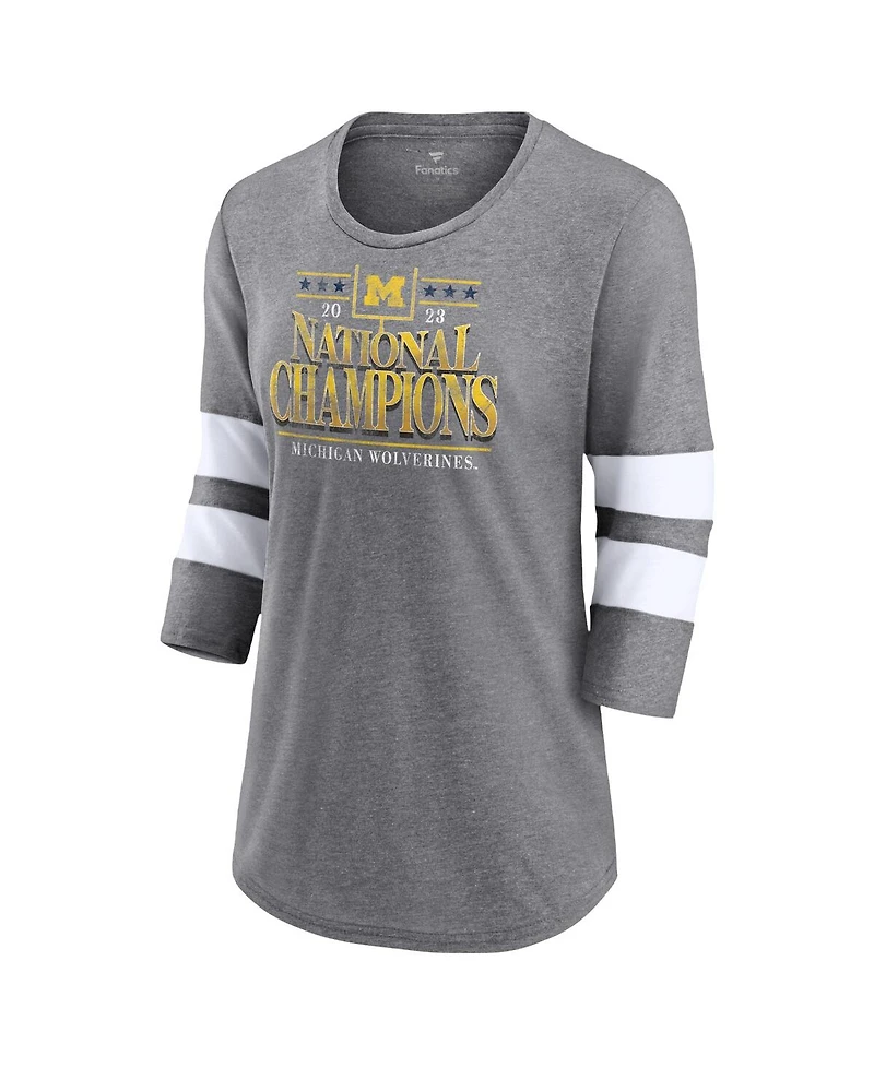 Women's Fanatics Heather Gray Michigan Wolverines College Football Playoff 2023 National Champions Outstanding Achievement Retro Tri-Blend 3/4-Sleeve