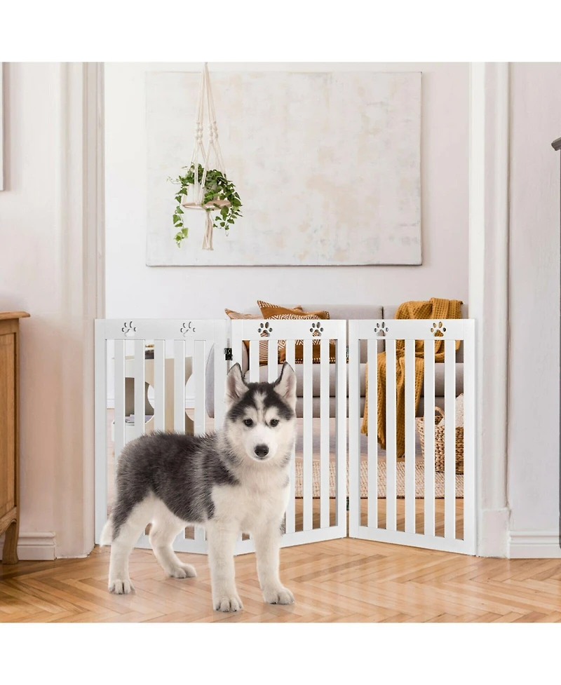 Sugift 36 Inch Folding Wooden Freestanding Pet Gate Dog Gate with 360° Flexible Hinge