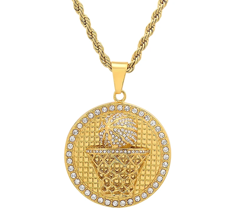 Steeltime Men's 18k Gold-Plated Stainless Steel Simulated Diamond Basketball 24" Pendant Necklace