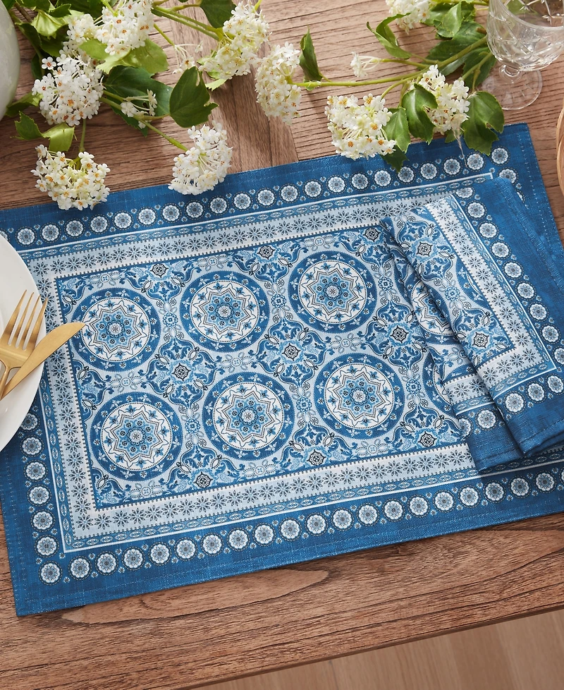 Vietri Medallion Blue Block Print Stain Water Resistant Indoor and Outdoor Napkins, Set of 4