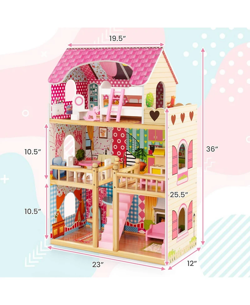 Inolait Doll House Playset with 3 Stories and 6 Simulated Rooms and 15 Pieces of Furniture