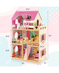 Inolait Doll House Playset with 3 Stories and 6 Simulated Rooms and 15 Pieces of Furniture