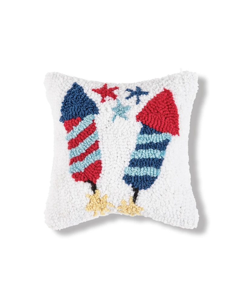 8" x 8" Fireworks Red White and Blue Hooked Americana July 4th Petite Size Accent Throw Pillow