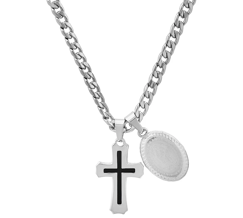 Steeltime Men's Cross & Guadalupe Oval Pendant Necklace, 24"