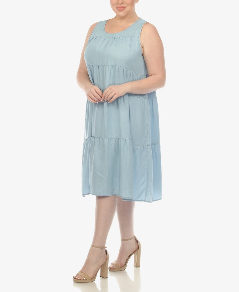 White Mark Plus Sleeveless Tiered Chambray Midi Dress