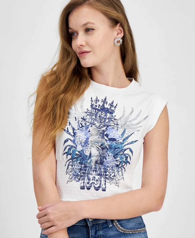 Guess Women's Smocked Embellished Graphic Tank Top