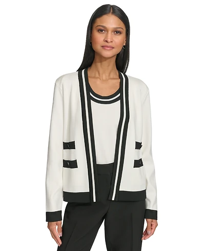 Karl Lagerfeld Women's Open-Front Long-sleeve Knit Cardigan with Contrast Trim