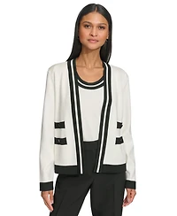 Karl Lagerfeld Women's Open-Front Long-sleeve Knit Cardigan with Contrast Trim