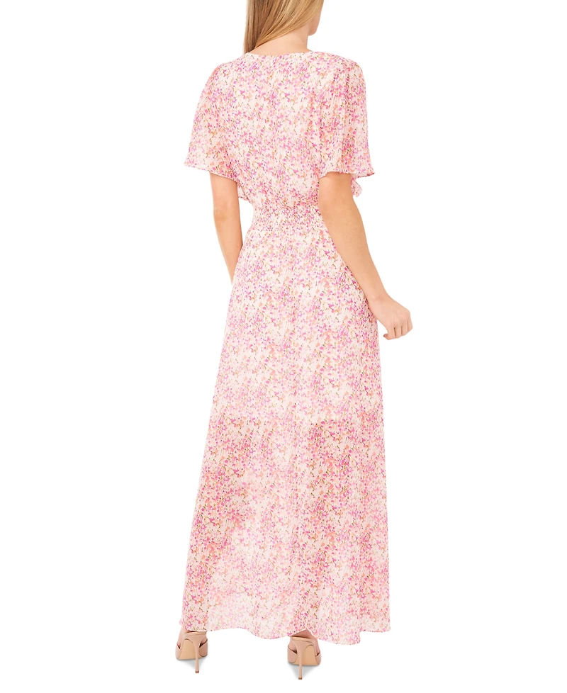 CeCe Women's Ditsy Floral Smocked-Waist Flutter-Sleeve Maxi Dress